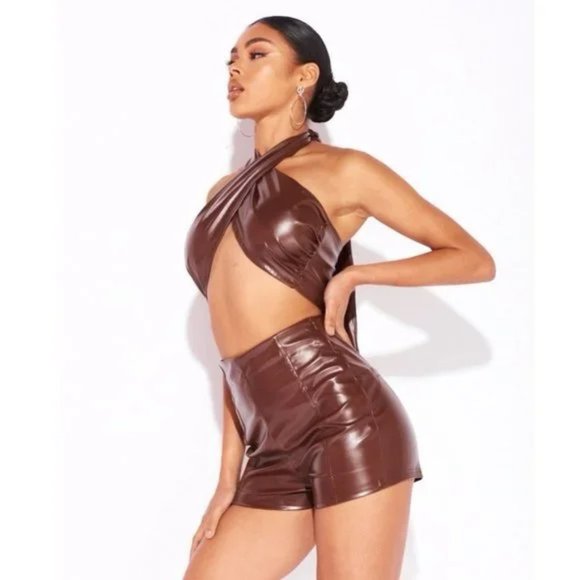 Brown Faux Leather Vegan Leather High Waist Shorts - Picture 5 of 16